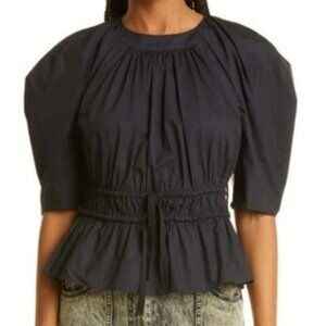 Womens Ulla Johnson Black Short Drawstring Waist Puff Sleeve Denisa Blouse Top 0